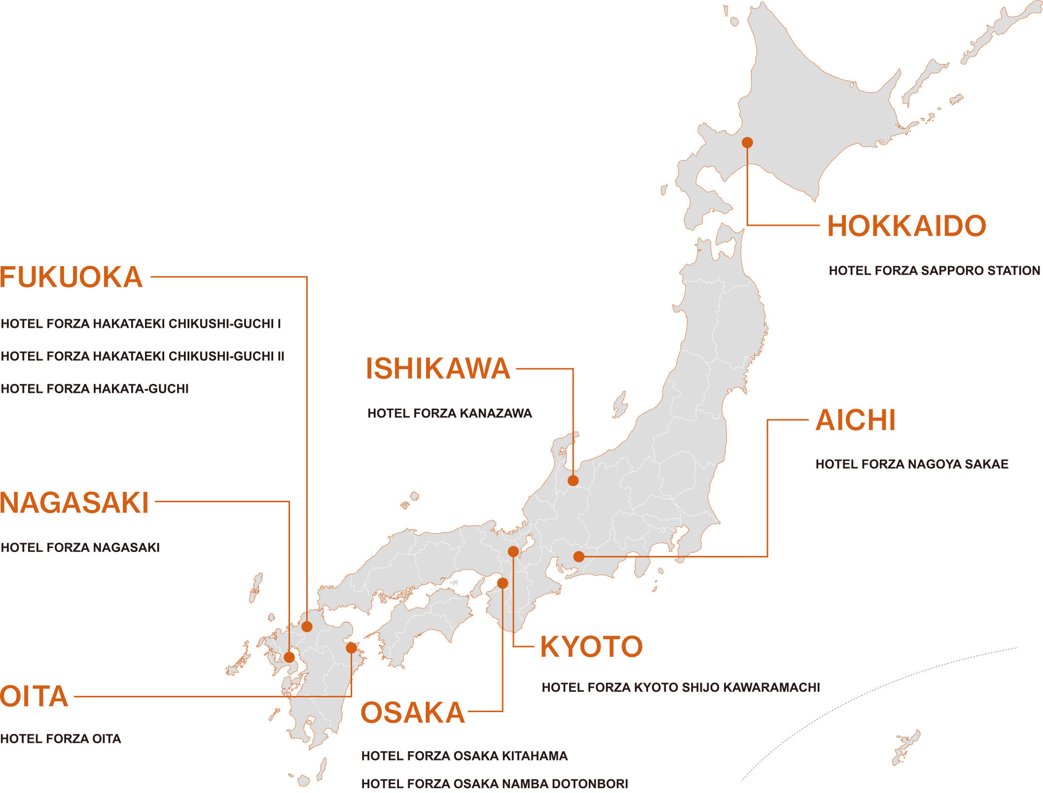 Map of 11 HOTEL FORZA locations in Japan